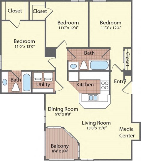 Floor plan for 3 beds, 2 baths, 1218 sqft